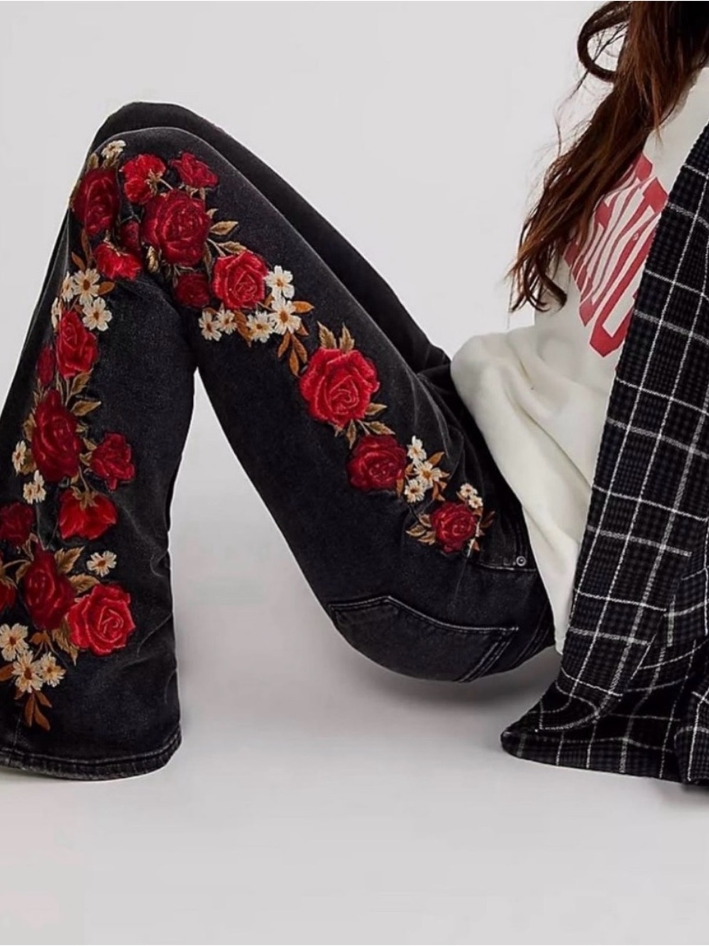 ISO!!!   Black Denim Jeans with Red Rose Embroidery